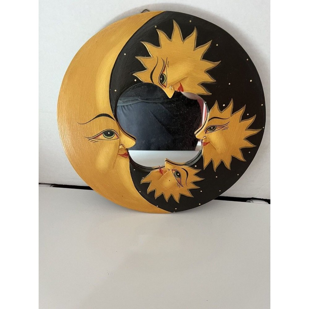 Hand Painted Unique Wood Sun & Moon Mirror. Original Wood Carving